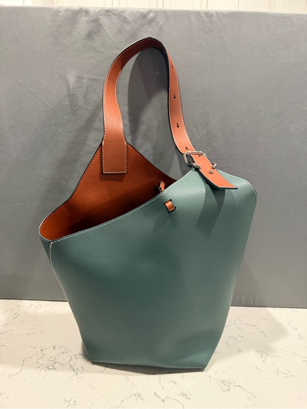 Green Leather Tote Bag with Tan Strap
